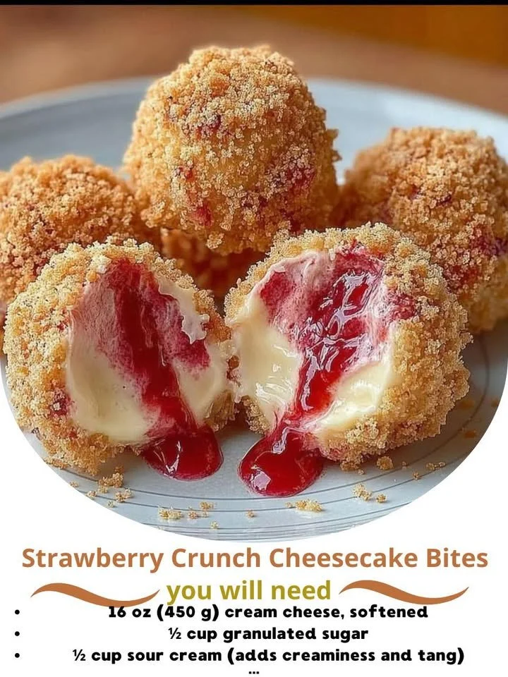 Delicious Strawberry Crunch Cheesecake Bites topped with crunchy strawberry crust.