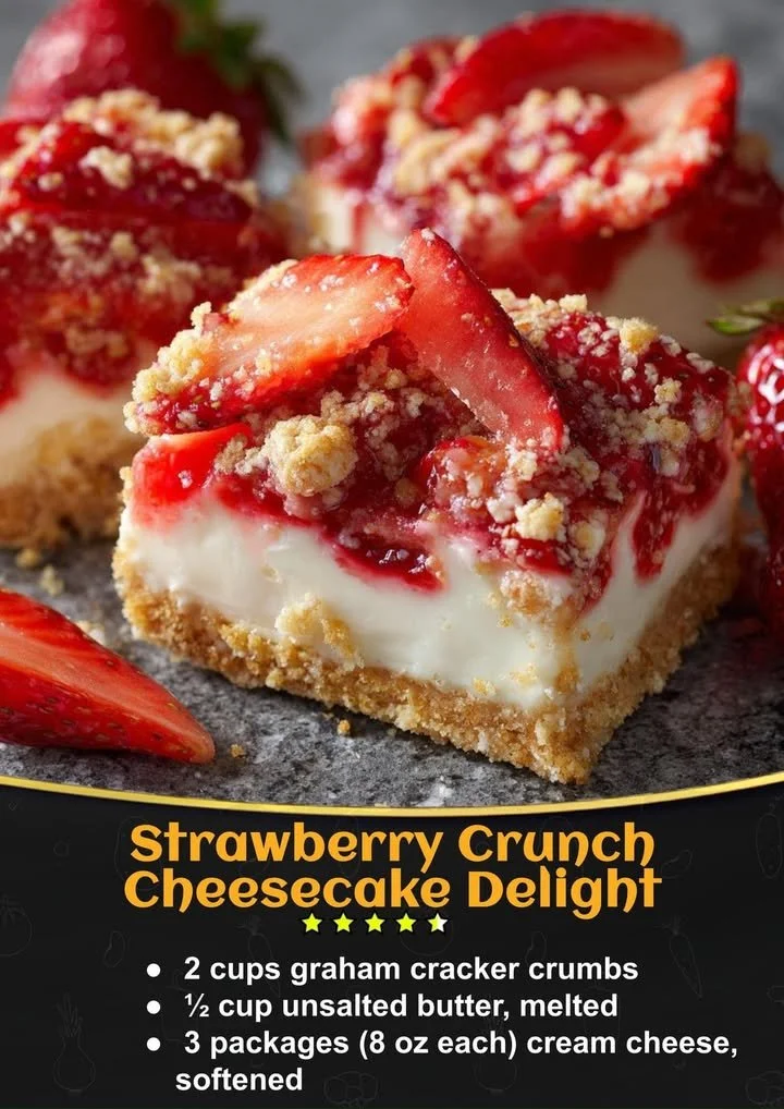 Strawberry Crunch Cheesecake Delight with creamy layers and crunchy topping