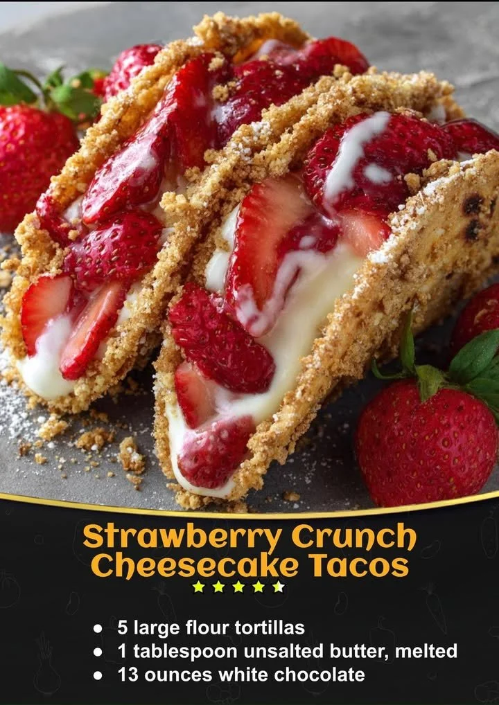 Strawberry crunch cheesecake tacos served on a plate
