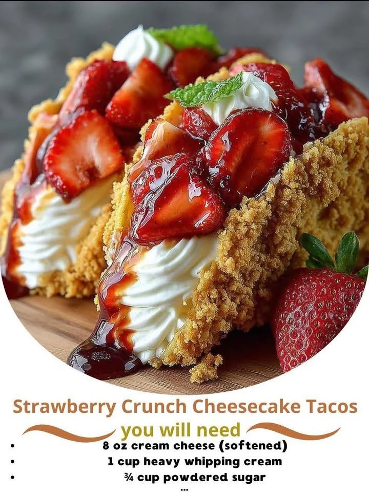 Strawberry Crunch Cheesecake Tacos ready to serve, featuring creamy cheesecake filling and crunchy topping.
