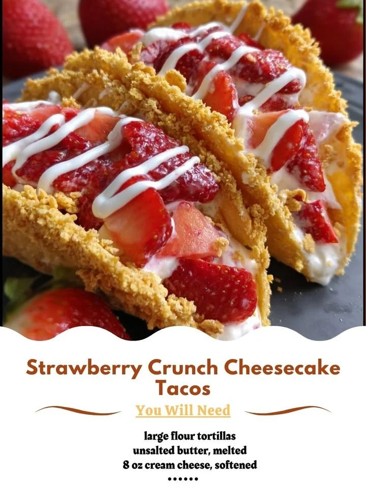 Strawberry Crunch Cheesecake Tacos with strawberry topping and crunchy shell