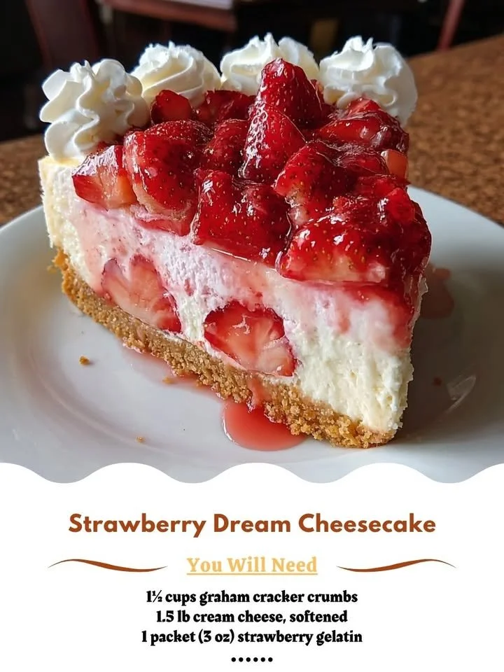 Delicious strawberry cheesecake topped with fresh strawberries and a creamy layer.