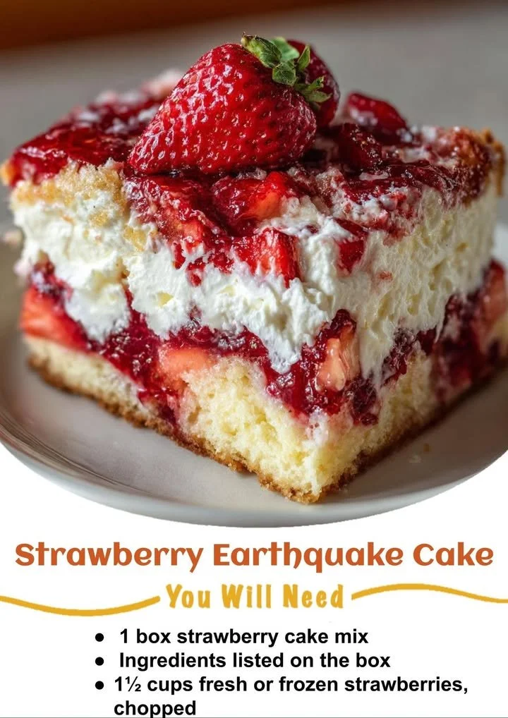 Sliced strawberry earthquake cake with strawberries and cream on top