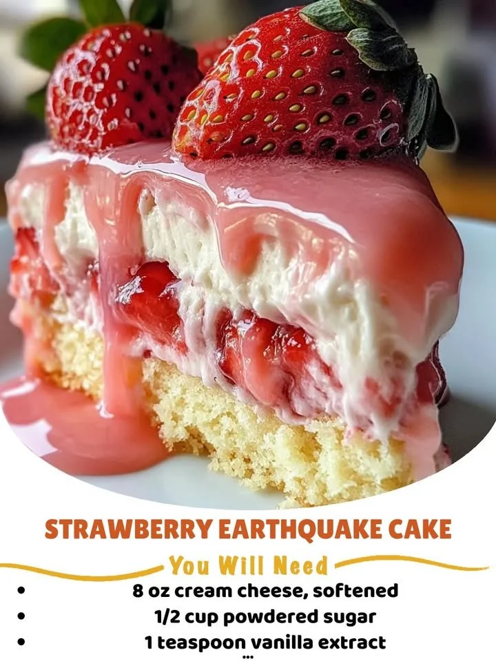 Delicious strawberry earthquake cake topped with fresh strawberries and whipped cream.
