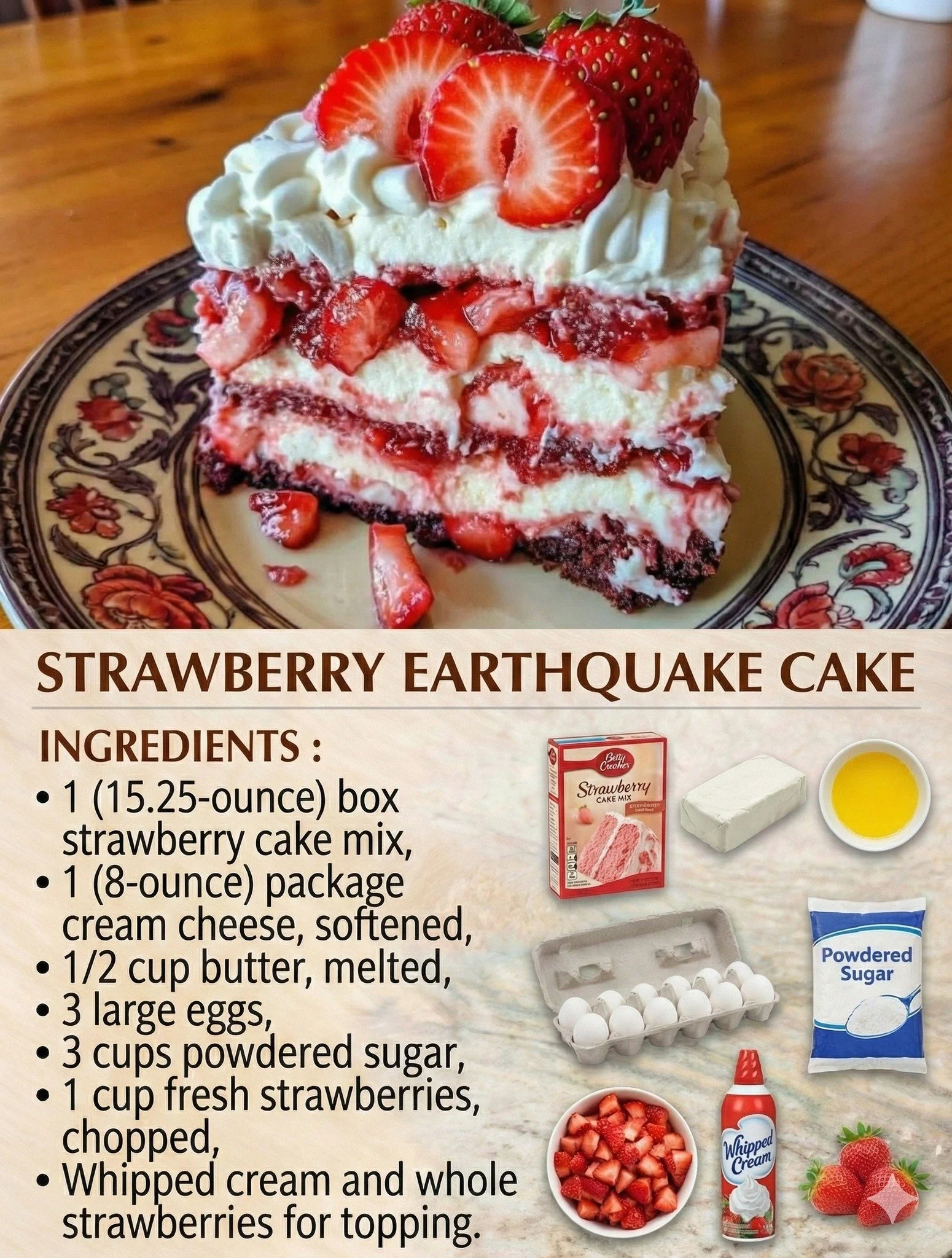 Delicious Strawberry Earthquake Cake with strawberries and icing