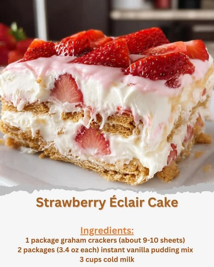 Delicious Strawberry Éclair Cake with fresh strawberries and creamy filling