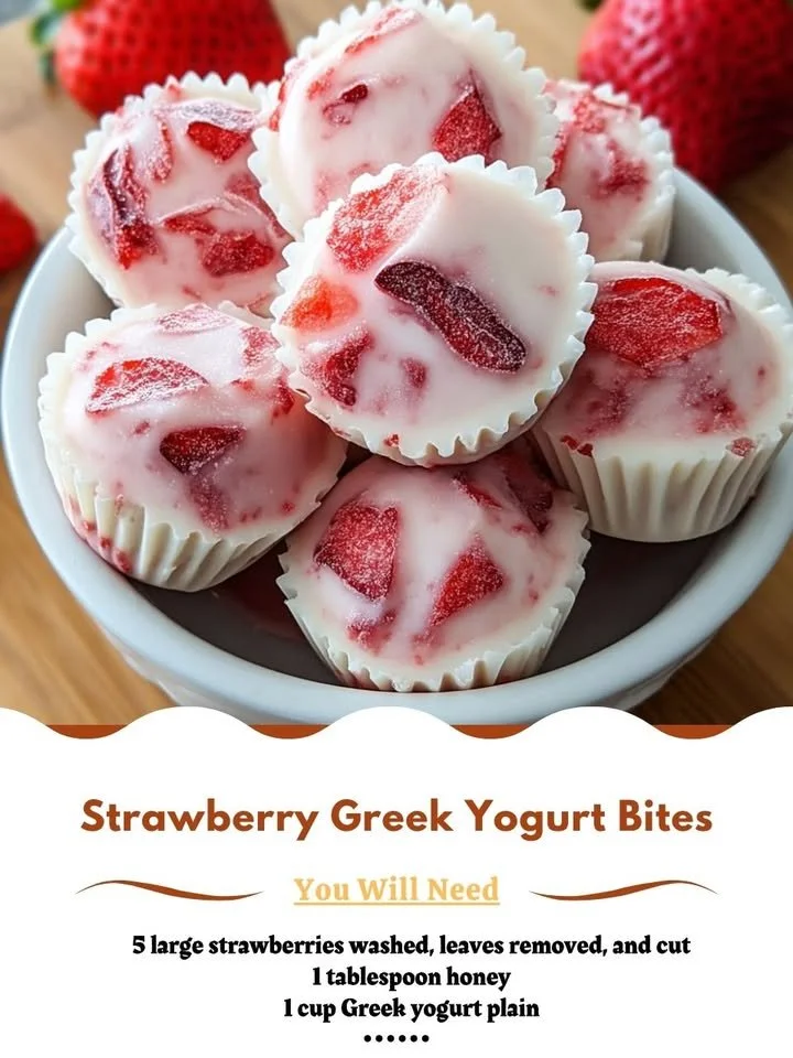Delicious Strawberry Greek Yogurt Bites in a bowl with fresh strawberries
