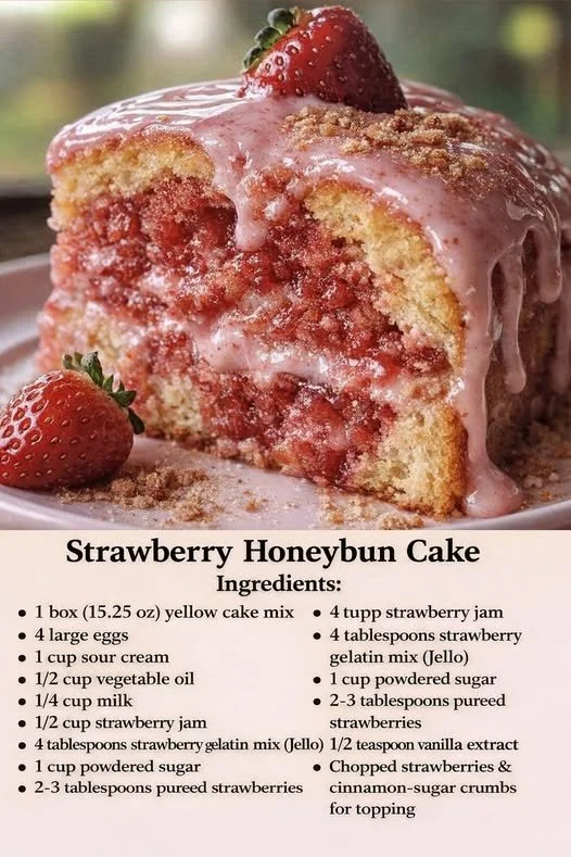 Delicious Strawberry Honeybun Cake with strawberries and icing on top.
