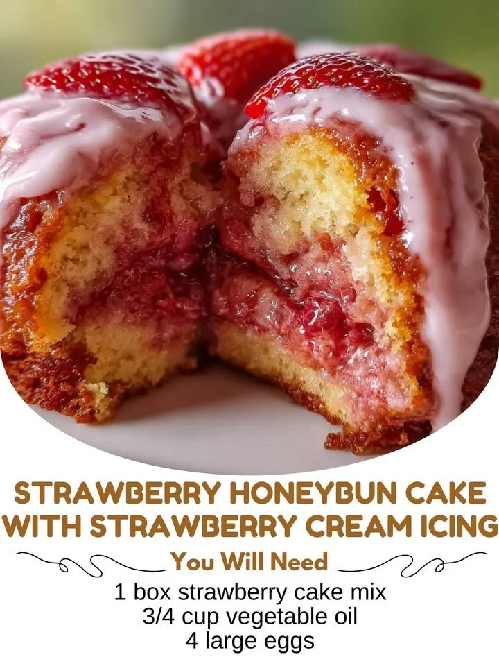 Delicious Strawberry Honeybun Cake with Strawberry Cream Icing on a plate