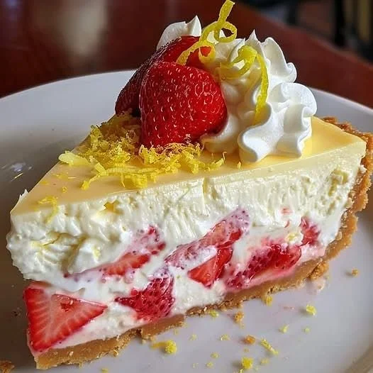 Delicious strawberry lemon cheesecake topped with fresh strawberries and lemon zest