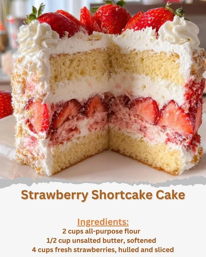 Delicious Strawberry Shortcake Cake with fresh strawberries and whipped cream
