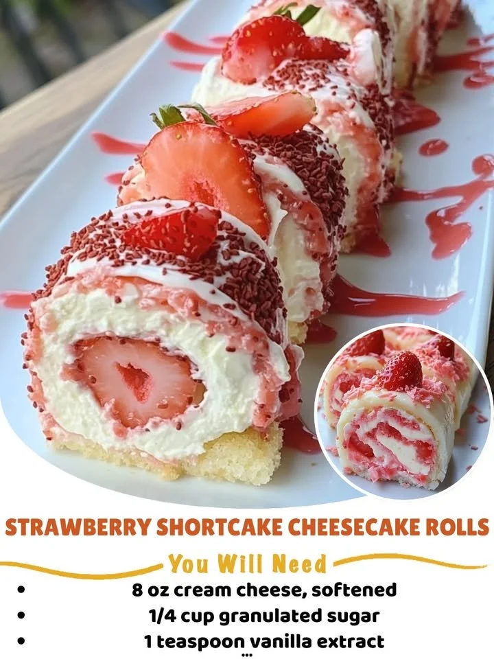 Strawberry Shortcake Cheesecake Rolls dessert with fresh strawberries and cream cheese.
