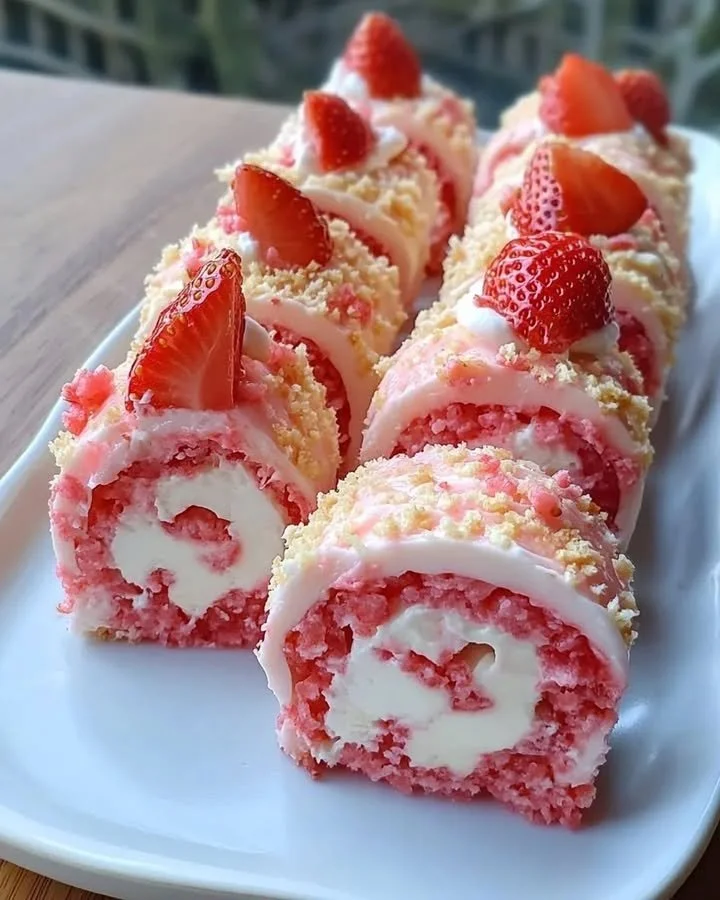 Delicious Strawberry Shortcake Cheesecake Rolls on a serving plate