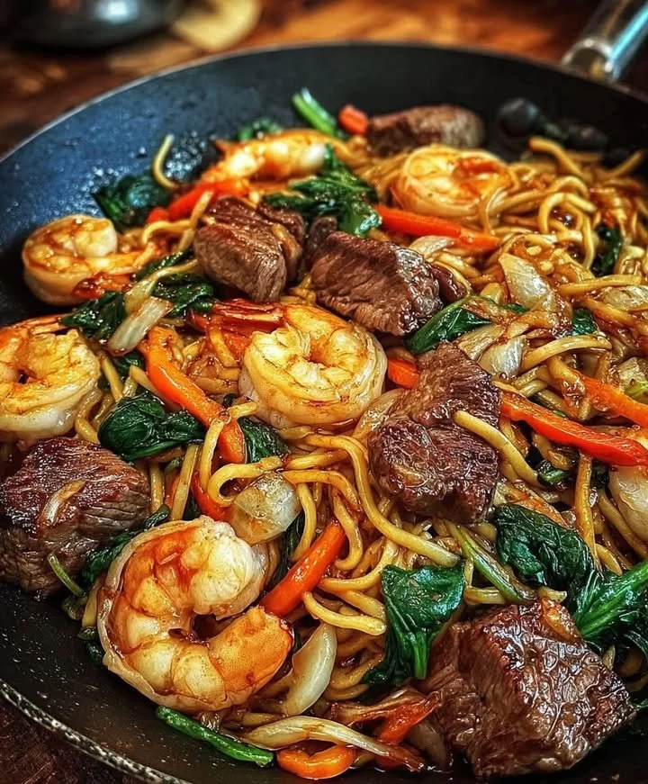 Delicious Surf & Turf Noodle Stir-Fry with steak and shrimp ready to serve
