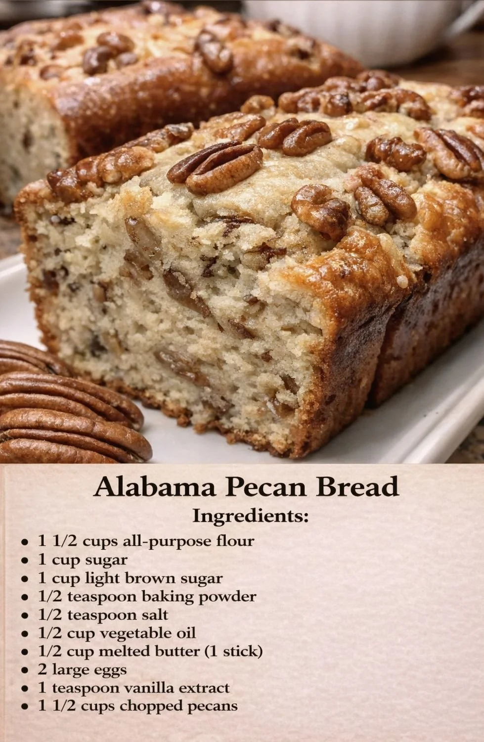 Loaf of Sweet Alabama Pecan Bread with pecans and a golden-brown crust