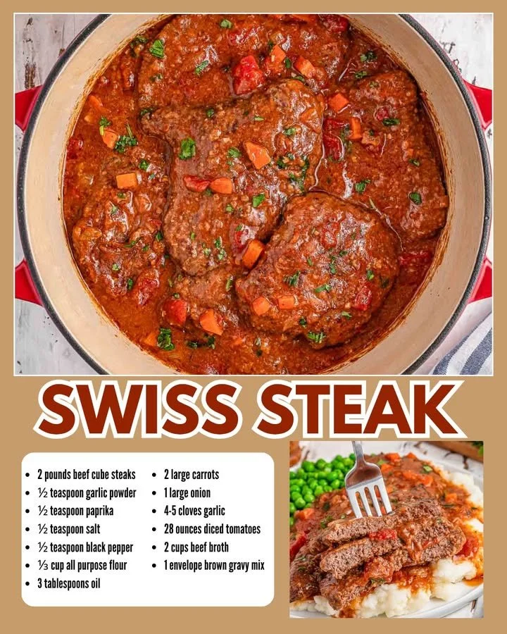 Delicious Swiss Steak served with rich gravy and vegetables on a plate.