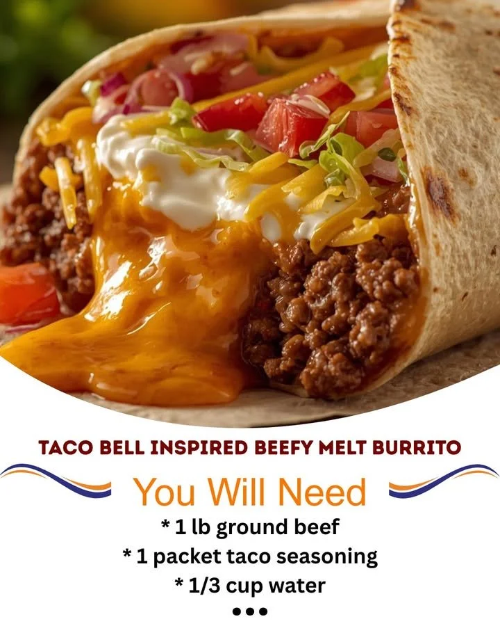 Taco Bell inspired Beefy Melt Burrito filled with beef, cheese, and creamy sauce
