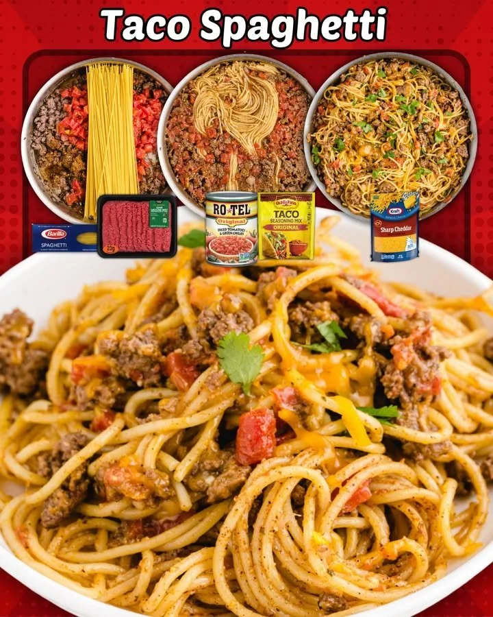 Delicious Taco Spaghetti served with toppings and herbs on a plate