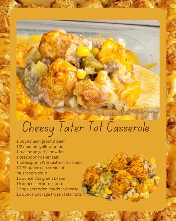 A hearty Tater Tot Casserole topped with golden-brown tater tots and melted cheese