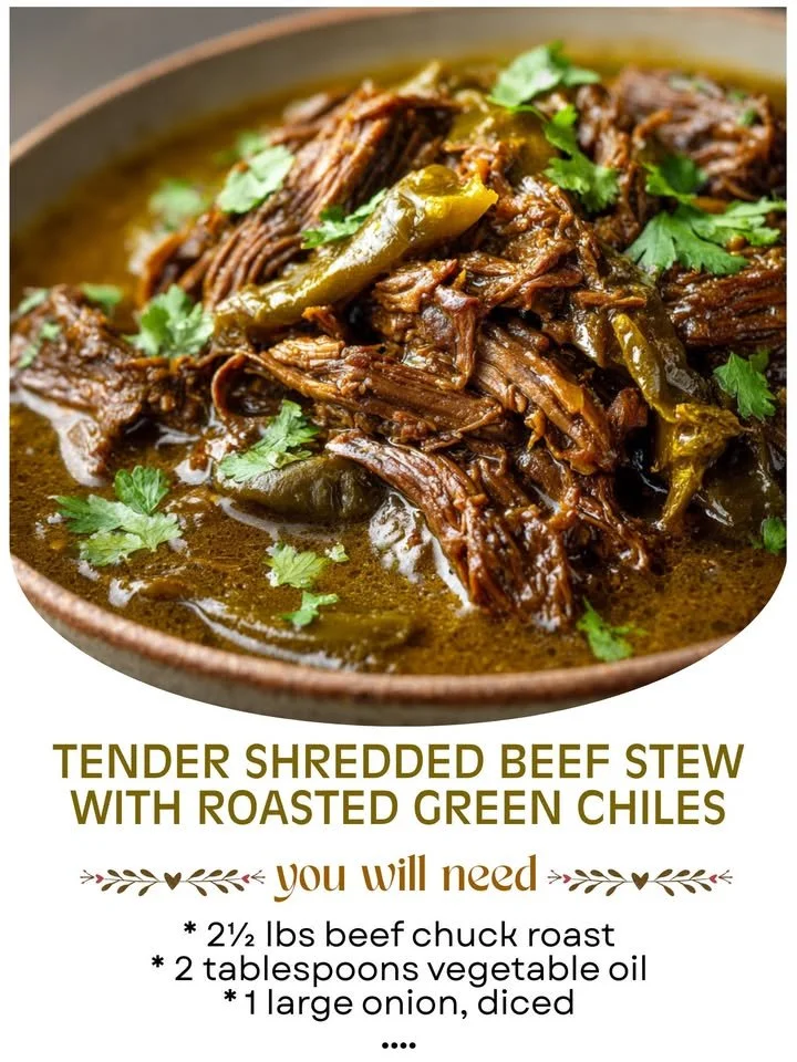 Bowl of tender shredded beef stew with roasted green chiles and herbs