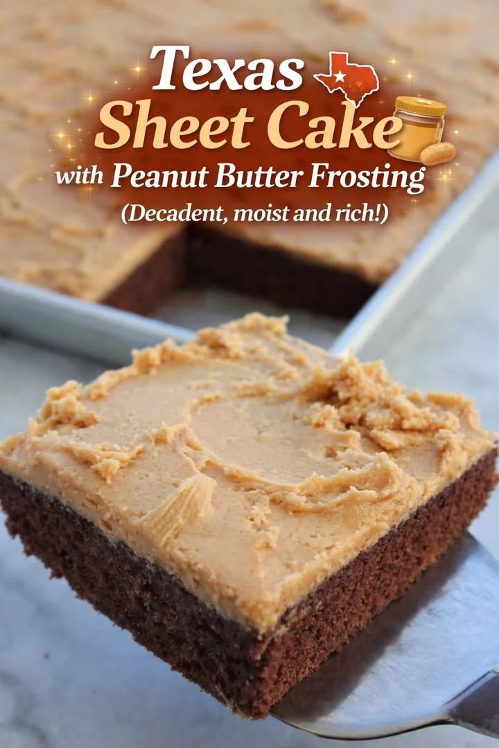 Delicious Texas Sheet Cake topped with creamy Peanut Butter Frosting