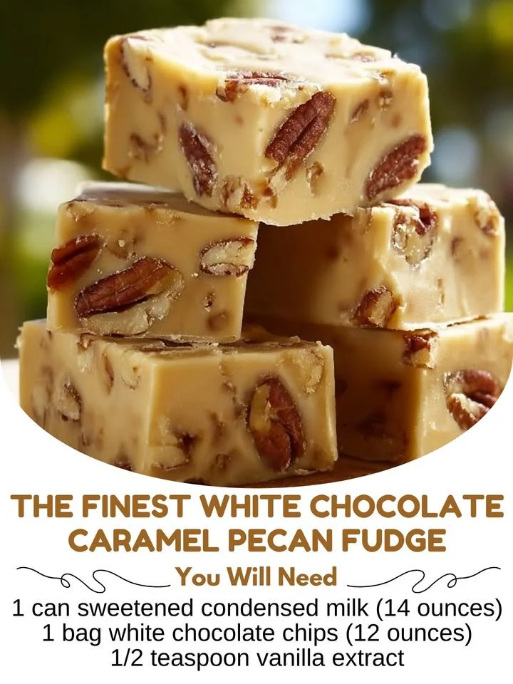Delicious white chocolate caramel pecan fudge on a decorative plate