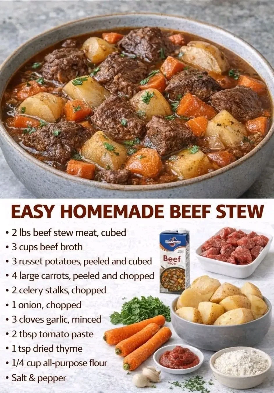 A steaming bowl of ultimate comfort food beef stew with vegetables and herbs.