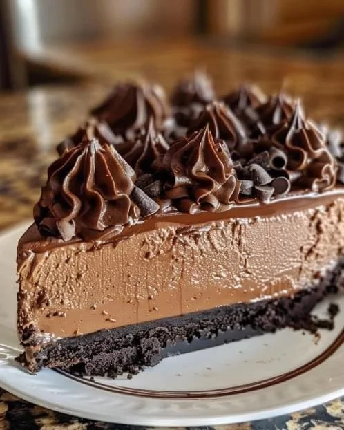 Delicious triple chocolate cheesecake topped with chocolate shavings