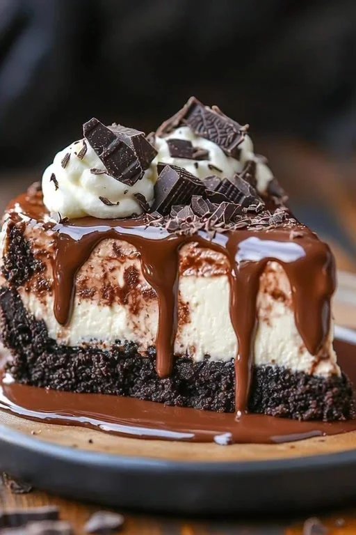 Delicious triple chocolate cheesecake topped with chocolate shavings and berries