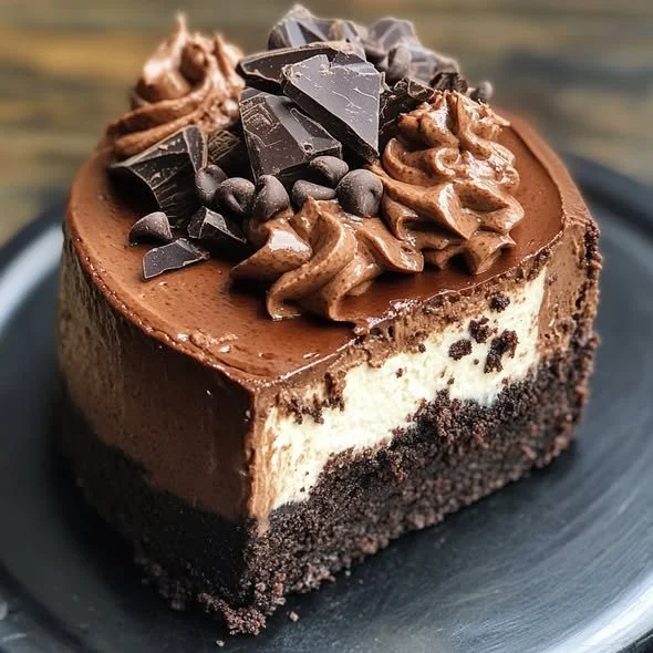 Slice of triple chocolate cheesecake topped with chocolate shavings.
