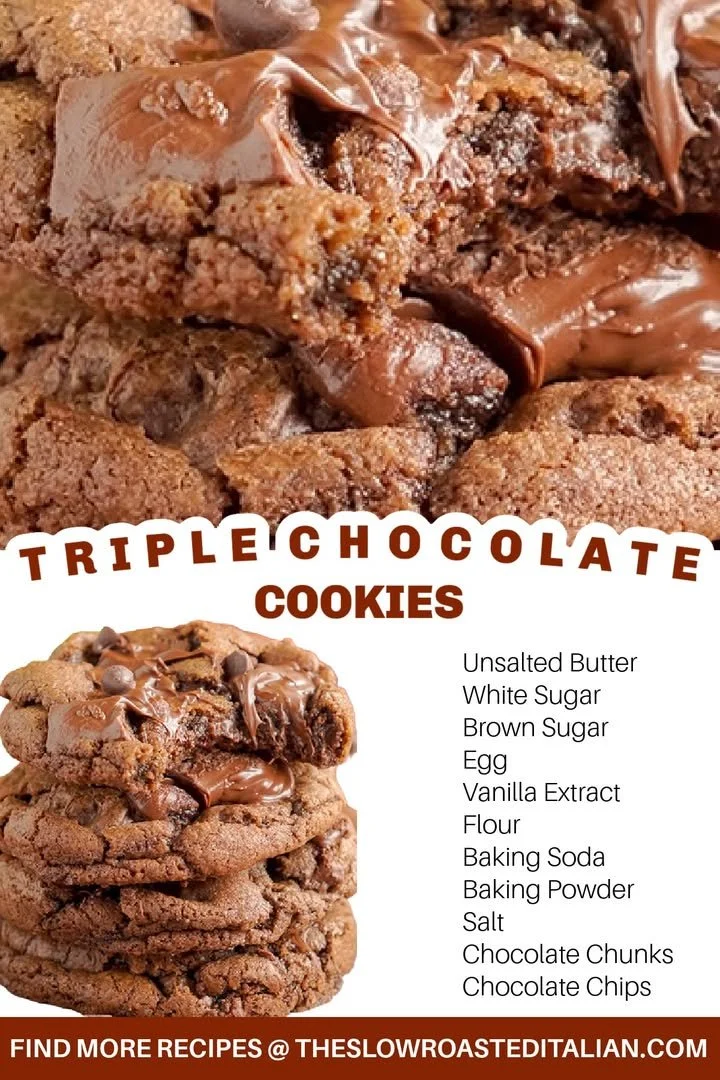 A plate of decadent Triple Chocolate Cookies stacked high, showcasing rich chocolate layers.
