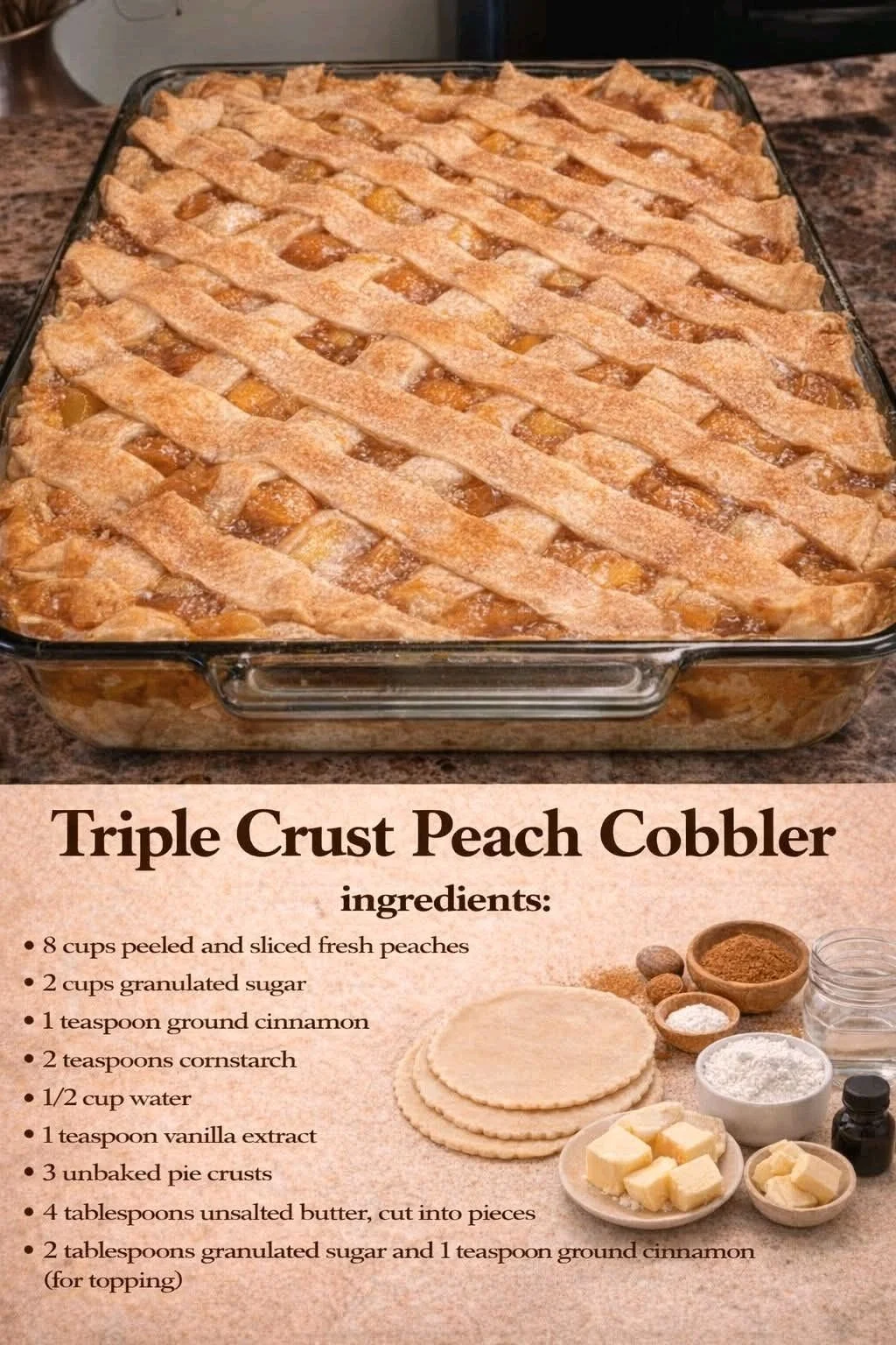 Slice of Triple Crust Peach Cobbler served warm with a scoop of ice cream