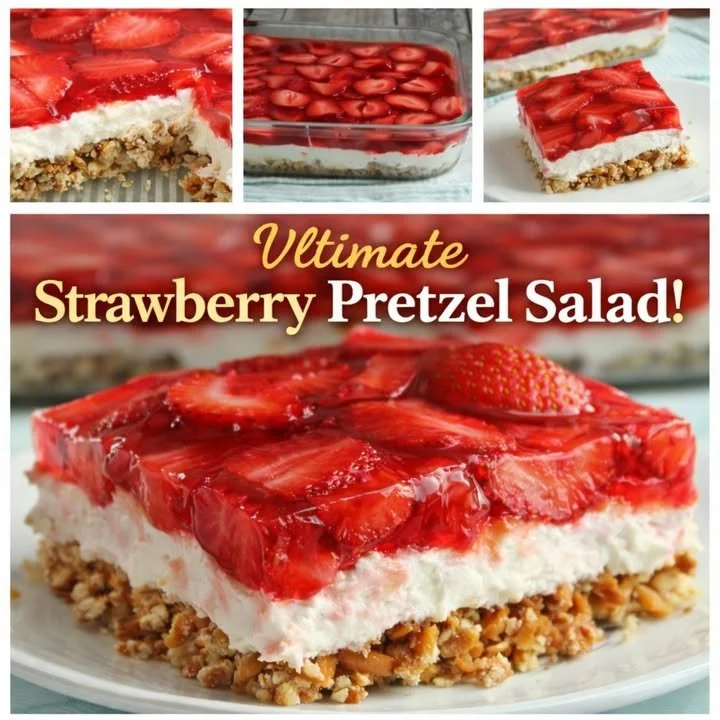 Delicious strawberry pretzel salad topped with whipped cream and fresh strawberries