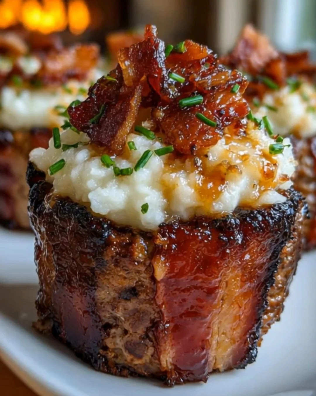 Smoky bourbon BBQ bacon-wrapped meatloaf cupcakes with potato frosting