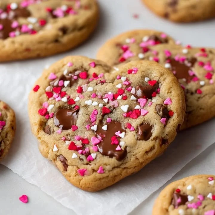 Heart shaped chocolate chip cookies perfect for Valentine's Day