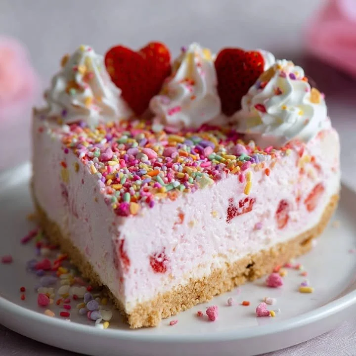 Valentine’s Day no-bake strawberry cheesecake topped with colorful sprinkles