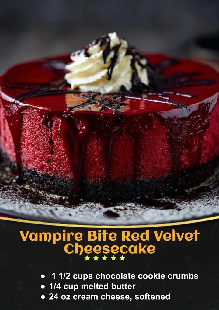 Vampire Bite Red Velvet Cheesecake dessert topped with chocolate and red velvet