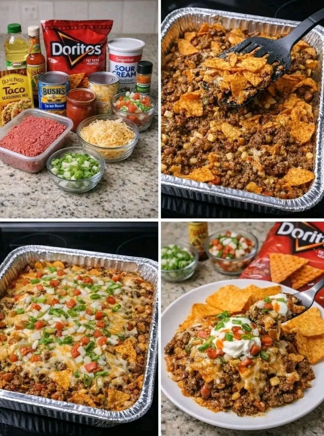Hearty Walking Taco Casserole served with toppings in a baking dish