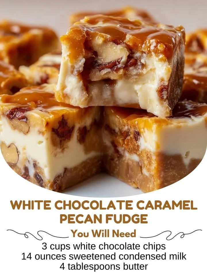 Delicious white chocolate caramel pecan fudge cut into squares on a wooden board.