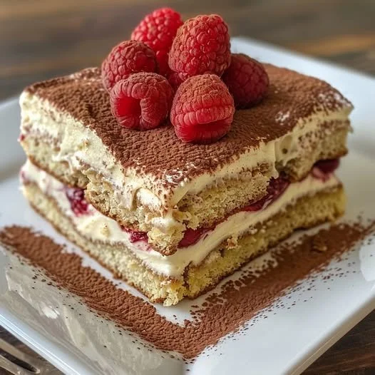 White Chocolate Raspberry Pistachio Tiramisu dessert on a plate with fresh raspberries