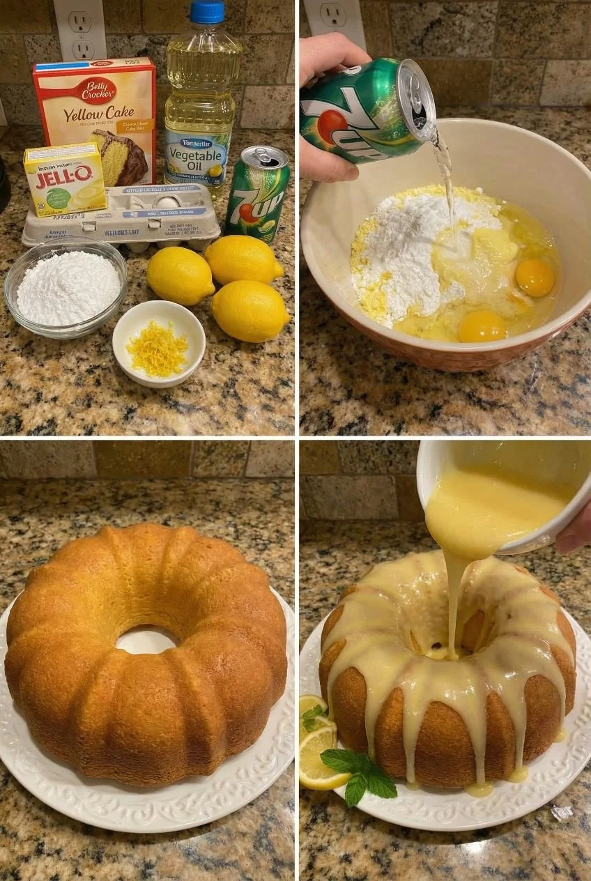 Delicious 7UP lemon cake with a light and fluffy texture topped with lemon glaze.