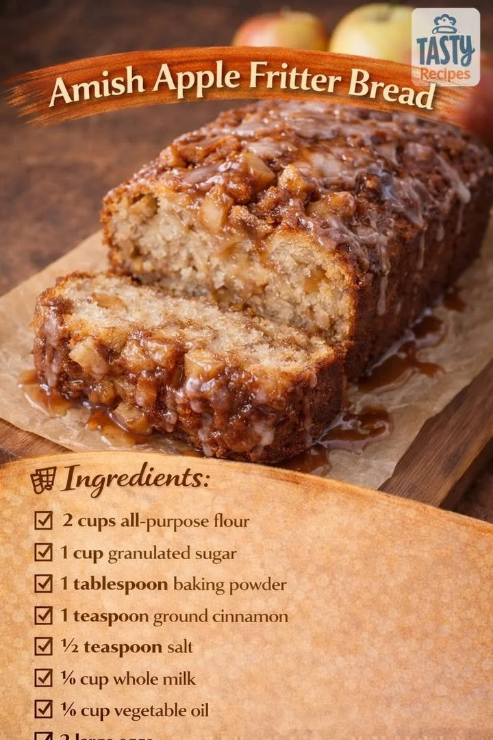 Loaf of Amish apple fritter bread with apples and glaze on a wooden table.