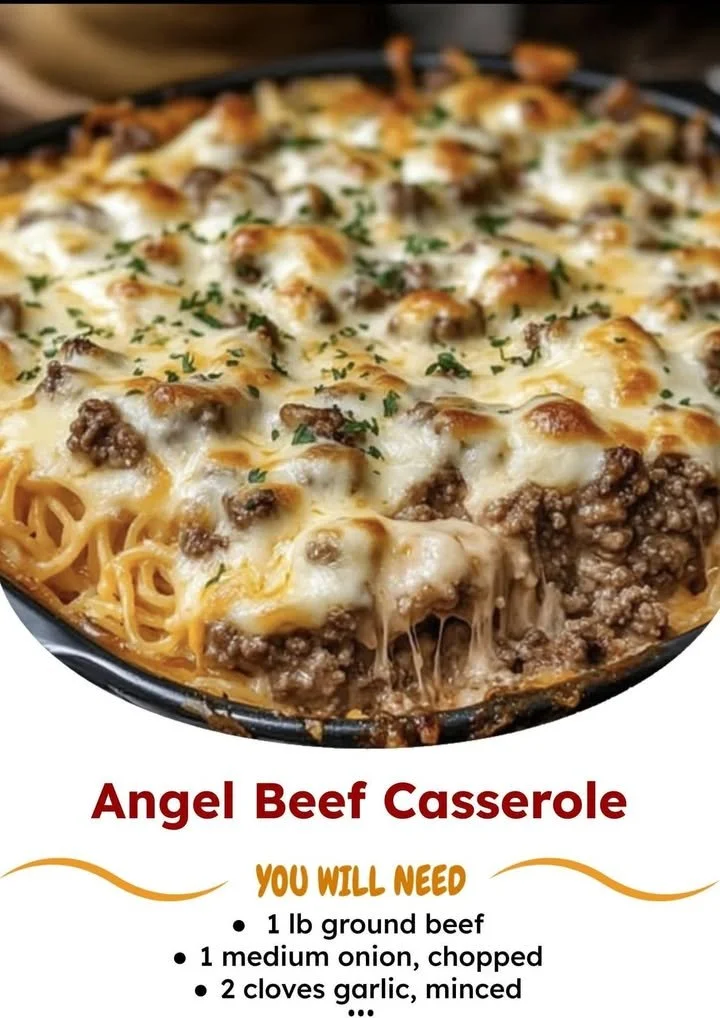 Delicious Angel Beef Casserole topped with cheese and herbs