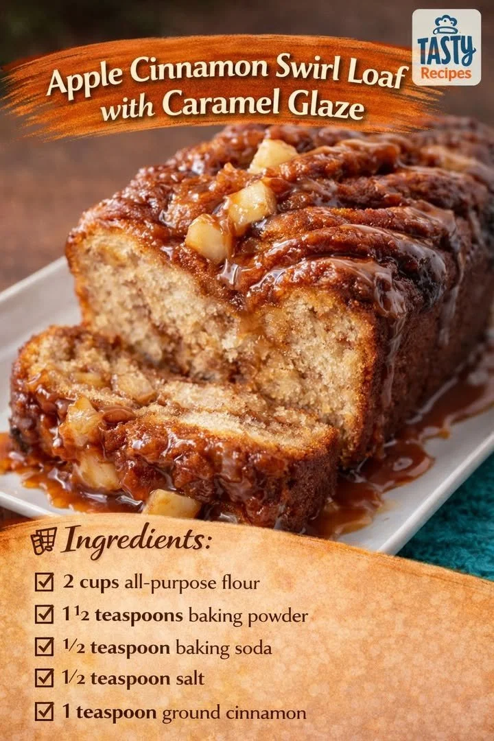 Apple Cinnamon Swirl Loaf topped with homemade caramel glaze on a wooden table