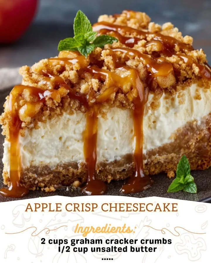 Delicious slice of Apple Crisp Cheesecake topped with crumbly apple crisp.