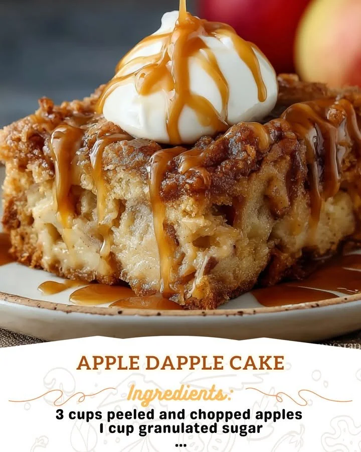 Delicious homemade Apple Dapple Cake topped with nuts and caramel sauce