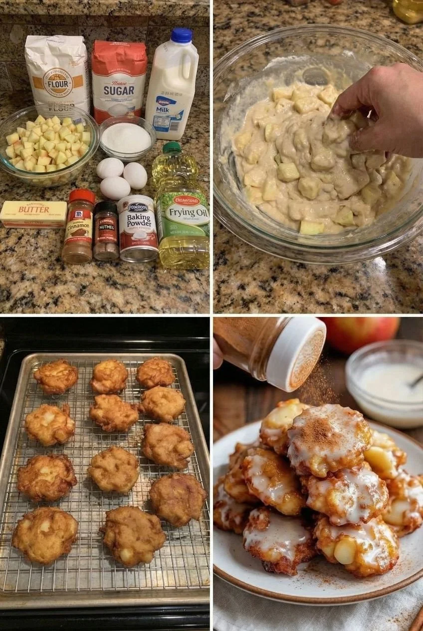 Freshly baked apple fritters bread with chunks of apples and powdered sugar.