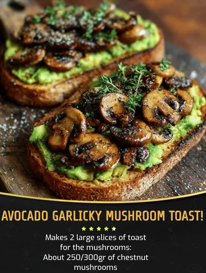 Avocado garlicky mushroom toast topped with fresh herbs and spices