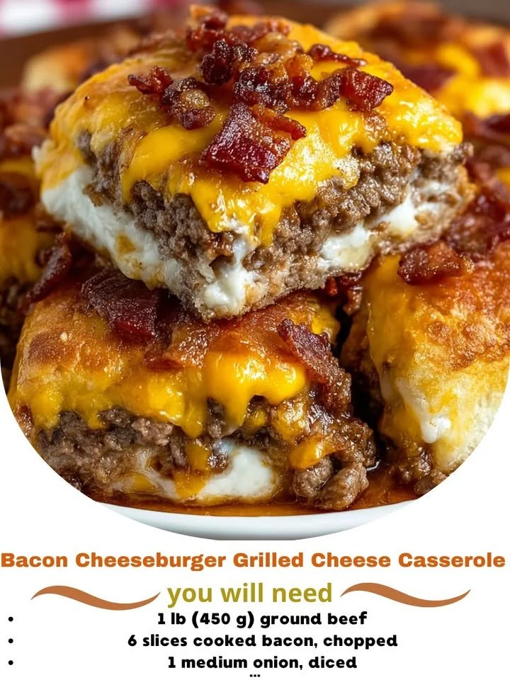 Delicious Bacon Cheeseburger Casserole topped with melted cheese and crispy bacon.