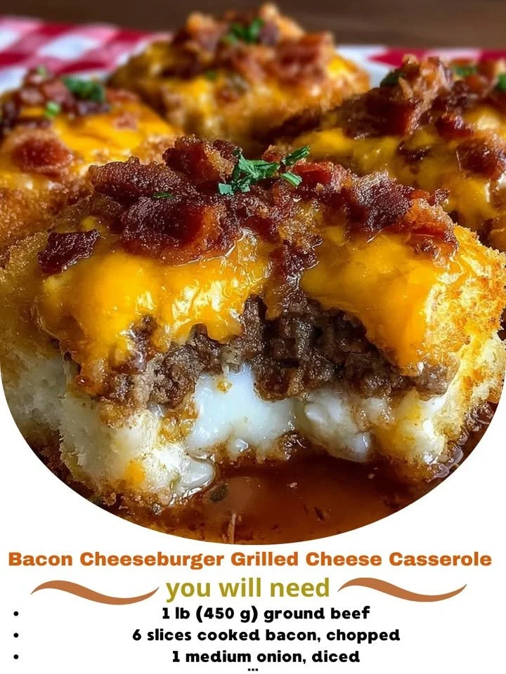Bacon cheeseburger casserole topped with grilled cheese, served in a dish